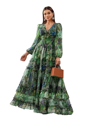 Image of TOLEEN Summer Casual Dresses for Women 2024 Spring Fashion Boho V Neck Long Sleeve Ruffle Floral Print Elegant Maxi Dress