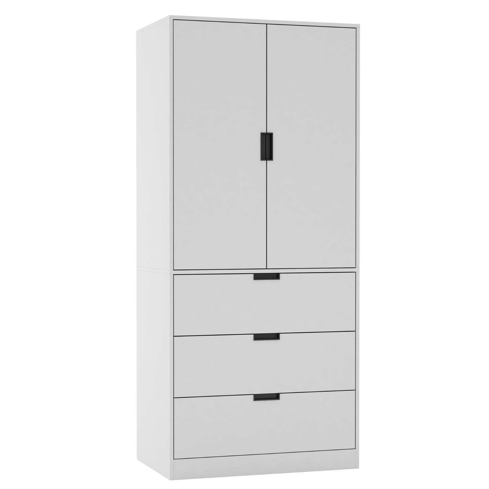 URBNLIVING Modern 2 Door Wardrobe with 3 Drawers & Hanging Rail, Stylish Freestanding Storage, Spacious Interior, Durable Chipboard Build, Easy to Assemble Bedroom Furniture