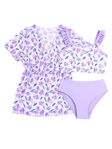 Kids Girls Floral Short Sleeve Kimono Wrap Ruffle Bikini Top with Brief 3 Pcs Bathing Suits