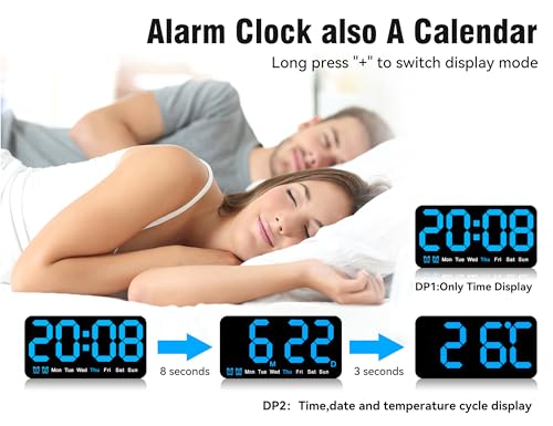 Triangle Plum Large Digital Wall Clock,9.5 Inch,Led Alarm Clock With Big Digits,Dst,Dual Alarm,3-Level Brightness For Living Room Bedrooms Classroom Decor-Blue thumb #3