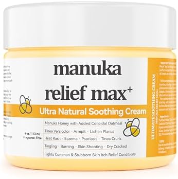 Max Strength Treat Natural Organic Manuka Honey Cream Ointment, Soothing Relief for Dry, Heat Rash, Hidradenitis, Itchy, Eczema, Psoriasis, Leg, Belly, Armpit, Foot, Hand, Irritable Skin For All Ages