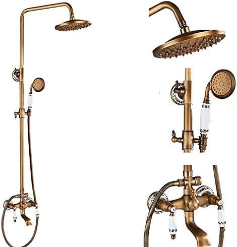 Antik-Messing-Duscharmaturen-Set, 20,3 Cm, Regendusche, Ablage, Doppelgriff-Mischbatterie, Schwenkbarer Wannenauslauf, Badewanne, Dusche, Typ B Ohne Ablage,Typ H Ohne Regal