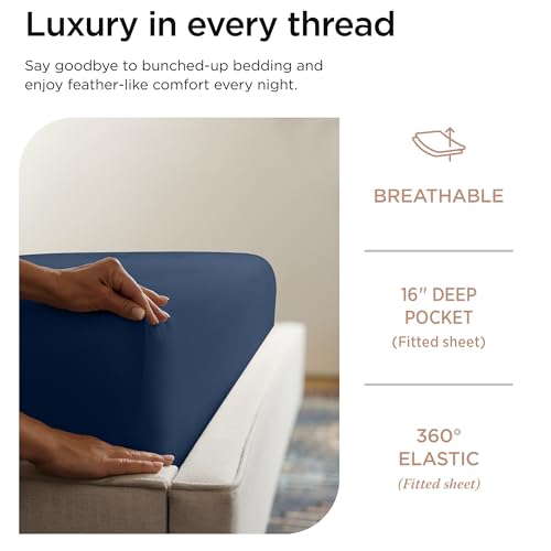 Image of Threadmill 100% Cotton Sheets for Cal King Size Bed - 600 Thread Count Cal King Bed Sheets Set with 16 inch Deep Pocket - Sateen Weave 4-Piece Bedding Set with Cooling Effect, Folkstone Blue