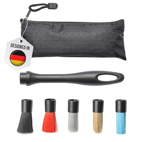 CARMODO® Detailing Pinsel - 5X Wechselbare Auto Pinsel Innenraum - Weich bis Hart - Inkl. Felgenpinsel Aufsatz - Reinigungspinsel für alle Oberflächen - Car Cleaning Kit mit praktischer Tasche