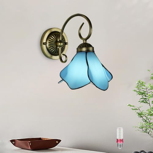 Image of Tiffany Style Wall Sconce, Flower Shaped Wall Light, Stained Glass Wall Lamp for Entrance, Bedroom, Hallway in Blue