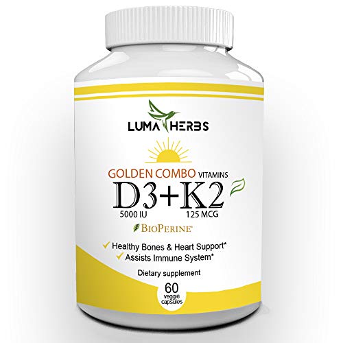 Vitamin D3 - with K2 (MK7), D-3 Vitamin 5000IU, Vitamin K2 125 mcg - Vitamin D Complex - High Potency, Optimal Absorption, Healthy Bones, Heart Support, Assists Immune System, 60 Veggie Capsules