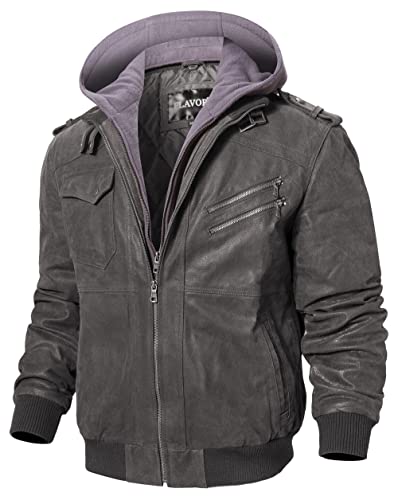 Image of FLAVOR Men Brown Leather Motorcycle Jacket with Removable Hood