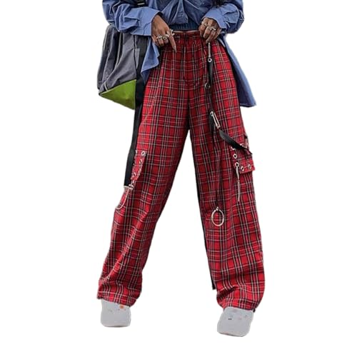 Punk Cargo Plaid Pants Women Gothic Harajuku Red Checkered Wide Leg Trousers for Female Autumn Streetwear Hippie Fashion