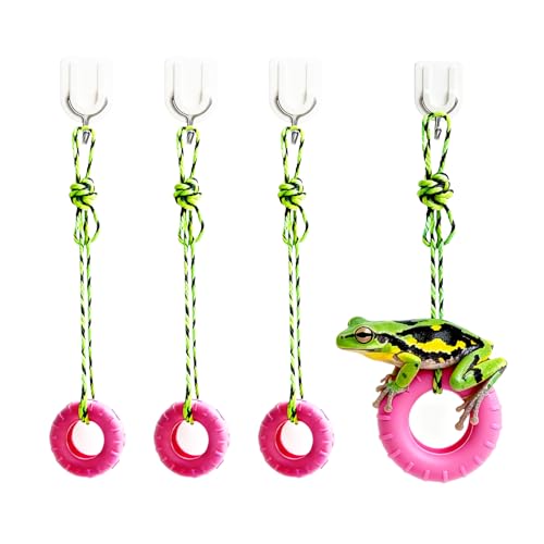 TUICARE 4 PCS Tree Frog Toy Tire Swing Habitat Miniature with 4 Suction Cup Hook Frog Tank Accessories Terrarium Decor Climbing Swing Reptile Amphibian Crustacean Climbing Toy (Pink)