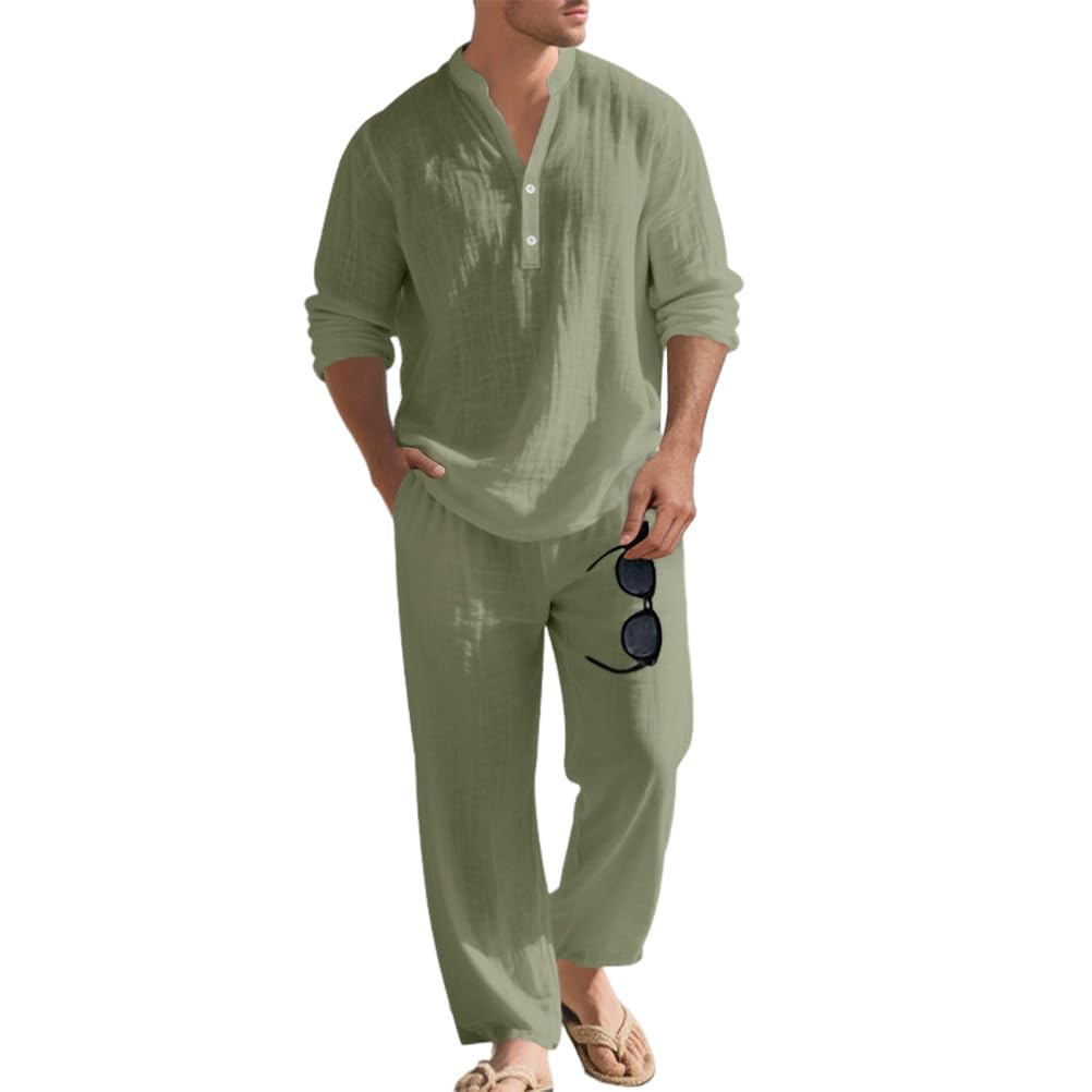 Tuta Uomo Completo Curvy Tuta Estiva Lino Camicia Maniche Lunghe e Pantaloni 2 Pezzi Set Leggera Tute Casual Completi Spiaggia