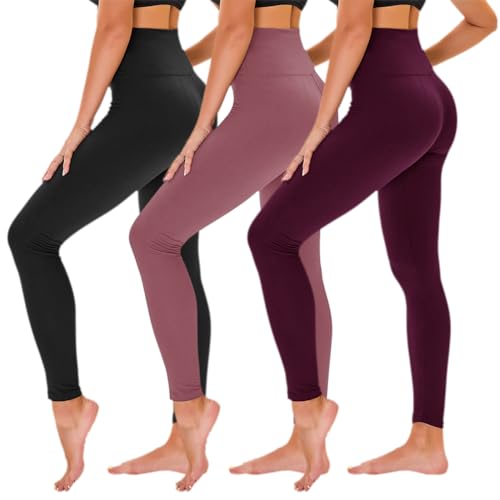 TNNZEET 3 Pack Leggings for Women - Black Tummy Control High Waisted Soft Yoga Pants for Workout Gym Running with Pockets Small-Medium Black/ Black Printed/ Dark Grey Heather