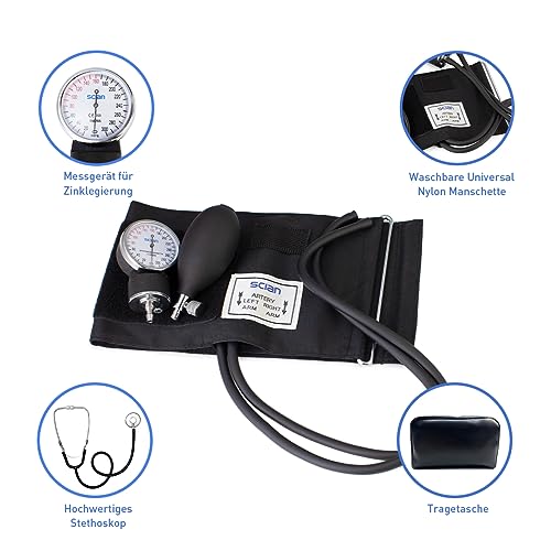 SCIAN Manuelles Blutdruckmessgerät mit Stethoskop - Aneroid Sphygmomanometer zur Messung am Oberarm, Medizinische Versorgung mit Tragetasche für Krankenschwester Doktor Senior Erwachsene (Schwarz)