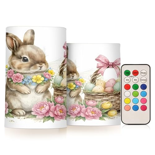 Image of ALAZA Cute Watercolour Little Rabbit Easter Flickering Flameless Candles Battery Operated with Remote Timer,Tea Light Candles LED Pillar Votive Candles Set of 2 for Outdoor Indoor Decorations