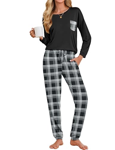 Ekouaer Womens Pajamas Set Jogger Lounge Sets Soft Pjs Long Sleeve Plaid Long Pant with Pockets