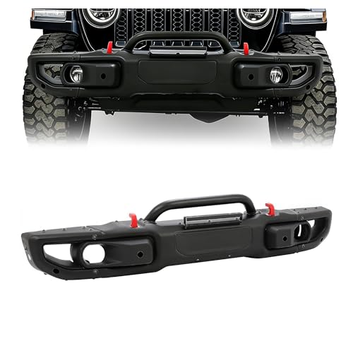 ALMULOO Front Bumper Compatible with 2018-2025 Jeep Wrangler JL 2020-2025 Jeep Gladiator JT 10th Anniversary Style 2DR 4DR Models W/PDC Sensor Holes Fog Lights Holes Steel Powder Coated Black 3-Piece