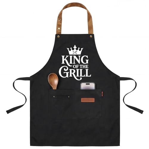 INNORU King of The Grill Sign Apron with Pockets for Men, Funny Cooking Baking Barbecue Apron Adjustable, Oilproof Perfect for Kitchen Supplies