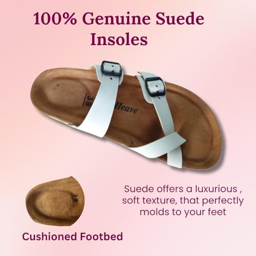 Image of Women's Genuine Leather Slippers | Comfort Sandals | Cushioned Suede Footbed | Anti-Skid Cork Sole | Flip Flips for Everyday Use