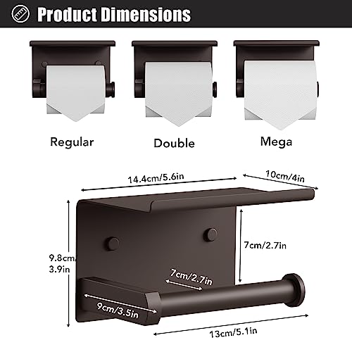 Tindbea Toilet Paper Holder With Phone Shelf + Towel Robe Hooks, Adhesive Or Screw Wall Mounted Toilet Paper Roll Storage Dispenser, Stainless Steel Bathroom Tissue Roll Holder (Bronze) #TOP1
