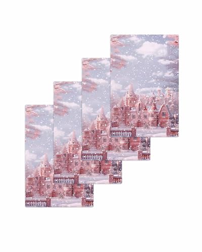 Hokiten Christmas Pink Waffle Kitchen Towels Dishcloths, Pink Town Snowflake Xmas Tree Absorbent Dish Towels | Hand Towels for Bathroom/Bar, 16 x 24 Inch, 4 Pcs