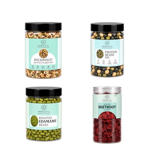 Image of WellNuts & Co. Healthy Snack Combo Pack of 4 |Buckwheat Flakes Mix - 200g, Protein Beans - 200g, Roasted Edamame Beans - 200g, Salted Beetroot Chips - 150g| Roasted & Ready to Eat Snacks | High Protein & High Fiber Combo | Snacks for Healthy Everyday