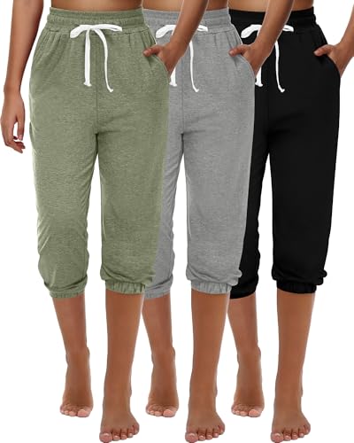 Ficerd 3-teiliges Damen-Capri-Jogginghosen-Set Sommer-Freizeithose Sporthose Cropped-Low-Fit High-Waist sportlich mit Taschen(Schwarz Bohnengrün Hellgrau Medium)