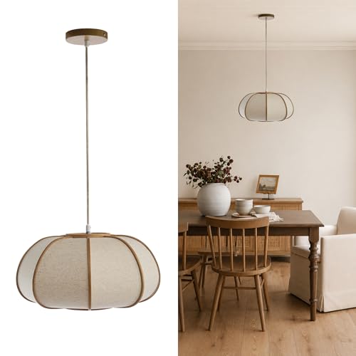 Image of Pendant Light, Boho Bamboo Hanging Light with Adjustable Height | 15 inch Pumpkin Drum Linen Shade, Farmhouse Ceiling Light Fixture for Dining Rooms, Kitchen Islands, Bedrooms, Entryways, E26