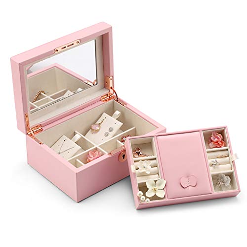 Joyero con cerradura, organizador con espejo, estuche de viaje para anillos, collar, organizador de almacenamiento de joyas, 2 capas de almacenamiento para anillos (color: azul) (rosa)