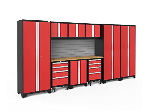 Image of ‎‎‎‎NewAge Products Garage Cabinet Bold Series 10 PC Set Red Include 72 inch Bamboo Worktops, Backsplash Kit, 2 Rolling Tool Drawer, Two-Door Base, 3X Wall Cabinets, 3X Multi-Use Lockers, 56385