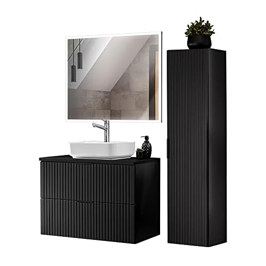 Lomadox Set di mobili da bagno con lavabo in ceramica, armadio alto e specchio a LED rettangolare, nero opaco con parte anteriore scanalata, larghezza x altezza ca. 130/200/46,5 cm