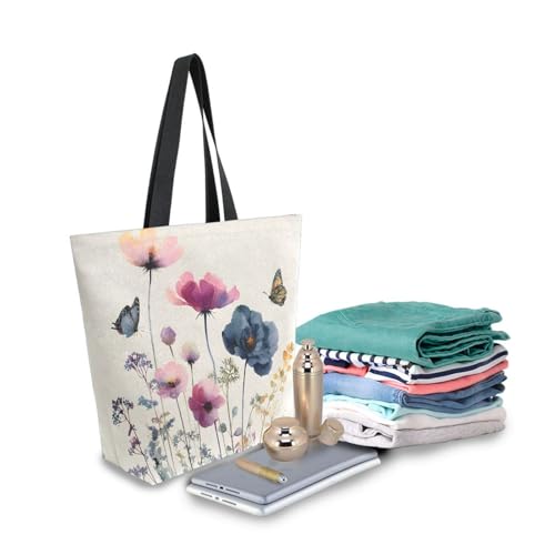 Extra Large Shoulder Tote Bag for Beach Travel Weekender Gym Retro Pink Indigo Flowers Watercolor Reusable Grocery Canvas Shopping Bag3