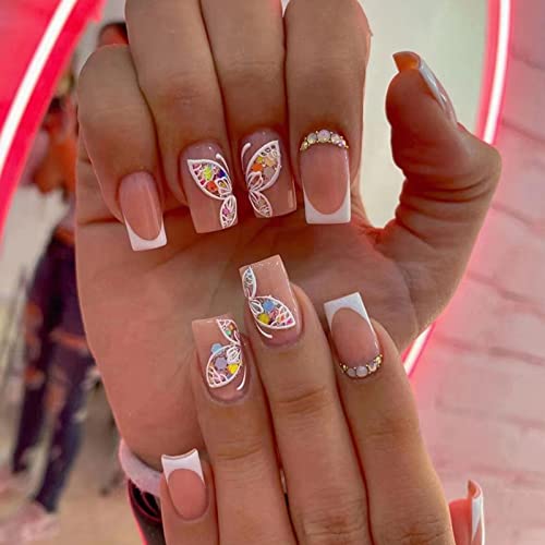 Gors Butterfly Press On Nails - Medium Square,Simple White And Rhinestones French Fake Nails Glue On Nails,Natural Full Cover Stick On Nails Acrylic False Nails Artificial Nails For Women 24Pcs/Set #TOP7