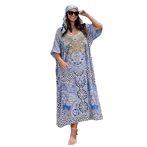 Image of Miss Lavish London Kaftan for Women Dress V Neck Summer Swimsuit Cover Up Blue Caftan Maxi Beach Dress, Plus Size African Kaftan with Batwing Sleeves, Side Slit & Pockets on Both Sides-Blue-2XL