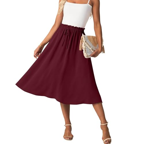 Women's Summer Casual Skirt Drawstring Elastic High Waisted Dress Ruffle Trendy Lightweight Flowy Beach Midi Skirts2