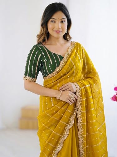 Image of SIRIL Women's Shimmer Georgette Scalloped Border Sequins Embroidery Saree with Unstitched Blouse Piece