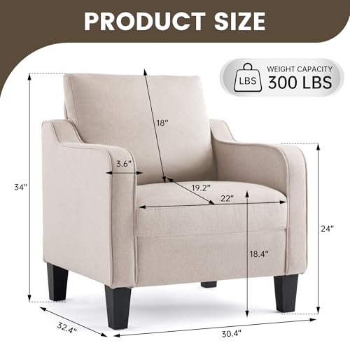 Image of Mid-Century Modern Accent Chairs Set of 2, Living Room Chairs, Comfy Reading Armchair, Upholstered Small Sofa Chair for Bedroom, Office, Beige