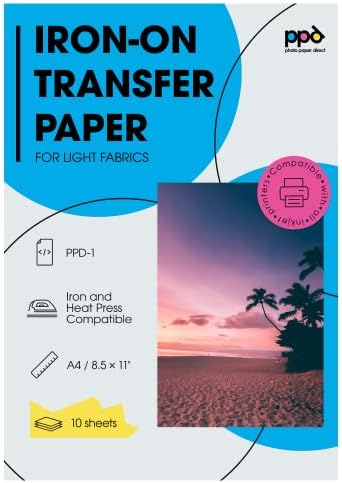 PPD Inkjet PREMIUM Iron-On White and Light Color T Shirt Transfers Paper LTR 8.5x11” Pack of 10 Sheets (PPD001-10)