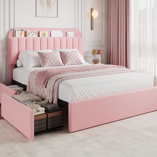 GarveeHome Queen Bed Frame with Storage Headboard, Girls Bed Frame with 2 Drawers, Boucle Upholstered Platform Bed with Bookcase, No Box Spring Needed, Easy Assembly, Pink