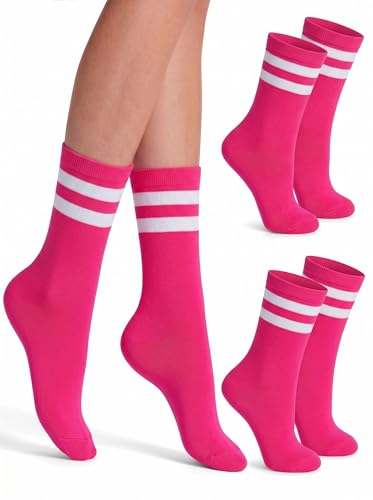 Syhood 2 Pairs Crew Socks Casual Cotton Breathable Socks for Women Retro Athletic Unisex (Hot Pink White)