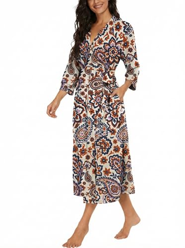 Image of VINTATRE Robes for Women Long Knit Bathrobe XS-4XL | 3 /4 Sleeve Bathrobes with Pockets, Stretchy and Lightweight Fabric, Inner Tie and Fixed Outer Matching Belt, Mid Calf Length