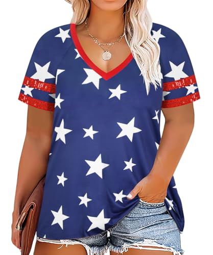 Image of CARCOS Womens Plus Size Tops Short Sleeve Shirts V Neck Tunic Floral /Tie Dye /Solid Summer Tees XL-5X