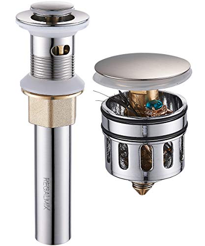 Image of REGALMIX Vessel Sink Drain, Bathroom Faucet Vessel Sink Pop Up Drain Stopper, Built-In Anti-Clogging Strainer, Brushed Nickel with Overflow,Fits Standard American Drain Hole(1-1 /2 inch to 1-3 /4 inch) R086J-BN