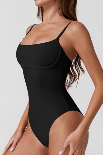 QINSEN Womens Seamed Cup Spaghetti Straps One Piece Bathing Suits Tummy Control Cheeky Swimsuit2