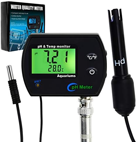 PH & Temperature 2-in-1 Continuous Monitor Meter w/Backlight Replaceable Electrode, Dual Display 0.00~14.00pH °C/ °F Water Quality Monitoring Kit, for Aquariums Hydroponics Pools Tanks Spa