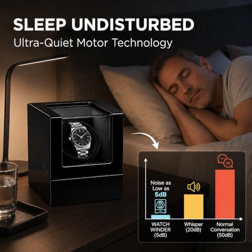 Image of Automatic Watch Winder, Ultra-Quiet Motor (<10dB), Single Watch Winder Box with AC & Battery Power, Hand-Polished High-Gloss Piano Finish, Luxury Watch Winder for Men, Fits Most Automatic Mechanical Watches
