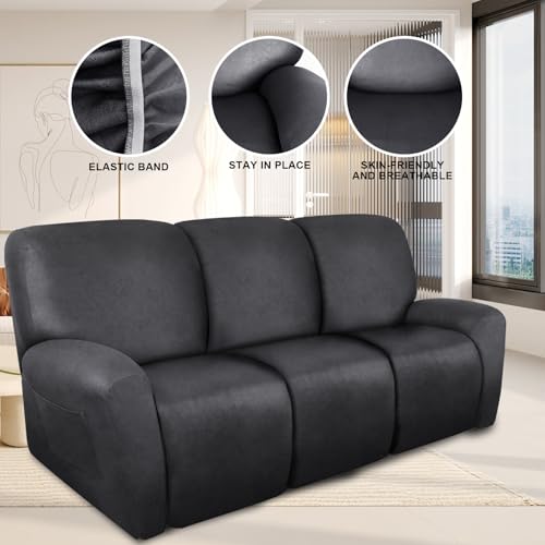 Image of ANARACHON Recliner Couch Cover Leather Look Recliner Sofa Covers for 3 Cushion Reclining Sofa Slipcovers 8-Pieces Furniture Protector Spandex Fabric Washable (3 Seater, 01 Dark Gray)