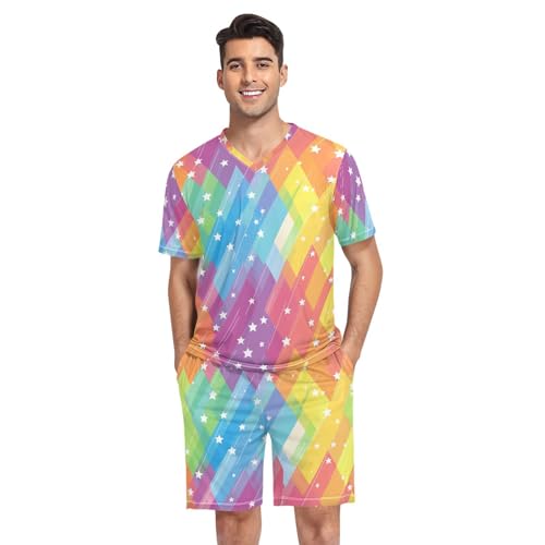 Rainbow Star Men’s Pajama Sets Short Sleeve Lounge Wear with Elastic Waistband and Drawstring