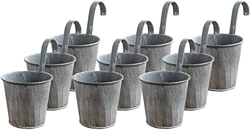 Cratone 9 Pack Flower Pots With Hooks Metal Hanging Flower Planter Retro Gray Fence Flower Pot for Outdoor Balcony Wall Decor Diameter 11 cm (9 Pack)