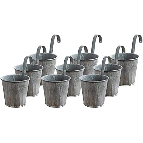 Cratone 9 Pack Flower Pots With Hooks Metal Hanging Flower Planter Retro Gray Fence Flower Pot for Outdoor Balcony Wall Decor Diameter 11 cm (9 Pack) Cover