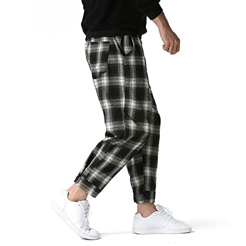 Enlachic Men's Casual Print Jogger Sweatpants Linen Cotton Elastic Waist Drawstring Pocket Long Pants,Black Plaid,Xxl #TOP2