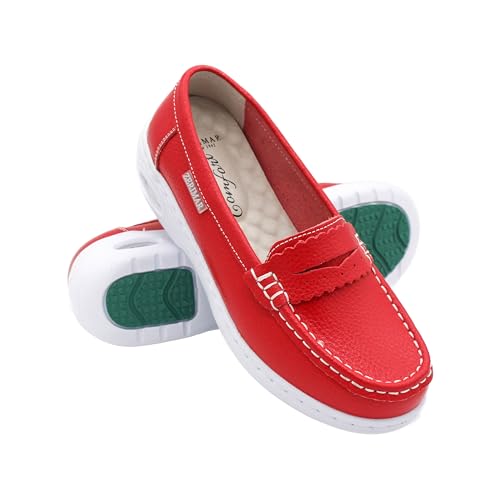 Zerimar Mocasines Mujer Piel con Antifaz | Zapatos Cómodos con Cámara de Aire y Tacón 3,5 cm | Color Rojo | Talla 37
